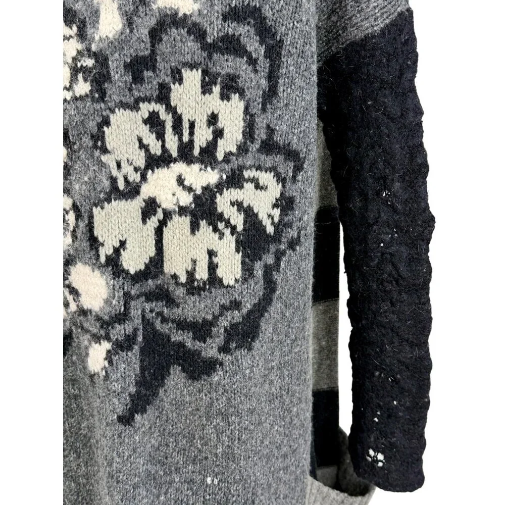 Free People Black Gray Striped Floral Knit Long Cardigan S | Boho Grunge Fairy - Picture 10 of 16